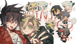  >_< 5boys ? animification black_choker black_hair blank_speech_bubble blonde_hair blue_eyes blush brown_hair chibi chinese_commentary choker closed_mouth cole_(ninjago) commentary_request copyright_name fangs freckles green_eyes green_hoodie head_only holding holding_phone hood hoodie jacket jay_(ninjago) kai_(ninjago) lloyd_garmadon male_focus multiple_boys multiple_views ninjago one_eye_closed phone puff_of_air red_eyes red_jacket scar scar_on_cheek scar_on_face shirt smile sparkle speech_bubble spoken_question_mark the_lego_ninjago_movie tongue tongue_out tripping v white_hair white_shirt xinlv327 zane_(ninjago) 