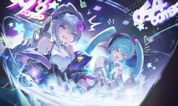  >_< 2girls absurdres aqua_hair black_gloves breasts chowol commentary_request crown drill_hair fingerless_gloves gloves goggles goggles_on_head grey_eyes grey_hair hatsune_miku highres honkai:_star_rail honkai_(series) index_finger_raised jacket long_hair medium_breasts multiple_girls playing_games purple_jacket shirt silver_wolf_(honkai:_star_rail) silver_wolf_(lv.999)_(honkai:_star_rail) twintails very_long_hair vocaloid wavy_mouth white_shirt 