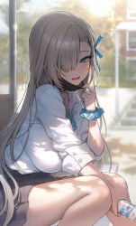  1girl absurdres adjusting_mask asuna_(blue_archive) asuna_(school_uniform)_(blue_archive) black_mask black_skirt blue_archive blue_eyes blue_ribbon blue_scrunchie bottle breasts brown_hair commentary danha dappled_sunlight day from_side hair_over_one_eye hair_ribbon hand_up highres holding holding_bottle large_breasts long_hair looking_at_viewer mask missing_halo mouth_mask official_alternate_costume open_mouth outdoors pleated_skirt ribbon school_uniform scrunchie shirt sitting skirt solo sunlight white_shirt 