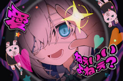  1girl ars_almal blue_eyes cat collared_shirt debu-chan_(ars_almal) evil_smile eyepatch fisheye from_inside hair_between_eyes heart medical_eyepatch monitoring_(vocaloid) necktie nijisanji one_eye_covered open_mouth peephole pov_peephole shirt smile tatami_kami virtual_youtuber white_cat white_hair white_shirt 