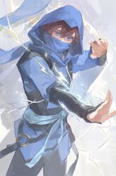  1boy absurdres animification belt black_pants blue_belt blue_eyes blue_mask blue_scarf blue_shirt brown_hair bu_meng chinese_commentary commentary_request covered_mouth cowboy_shot electricity electrokinesis eyebrow_cut fortnite freckles hair_between_eyes hands_up highres hood hood_up hooded_shirt jay_(ninjago) long_sleeves looking_at_viewer male_focus mask mouth_mask ninjago pants partial_commentary scarf shirt short_hair simple_background solo 
