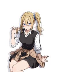  1girl black_dress blonde_hair blue_eyes blue_scrunchie blush brown_cardigan cardigan cardigan_around_waist clothes_around_waist collared_shirt commentary dress hair_between_eyes hair_ornament hair_scrunchie hayasaka_ai highres invisible_chair kaguya-sama_wa_kokurasetai_~tensai-tachi_no_renai_zunousen~ long_hair looking_at_viewer playing_with_own_hair puteme scrunchie shadow shirt shirt_under_dress side_ponytail sidelocks simple_background sitting sleeveless sleeveless_dress solo white_background white_shirt 
