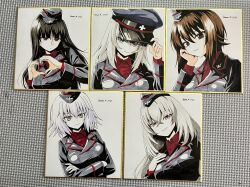  5girls arms_under_breasts black_jacket blue_eyes breasts brown_eyes brown_hair cross crossed_arms fate/grand_order fate_(series) garrison_cap girls_und_panzer grey_hair hat head_rest heart heart_hands highres hime_cut iron_cross itsumi_erika jacket jeanne_d'arc_alter_(fate) kamishima_kanon kuromorimine_military_uniform large_breasts long_hair looking_at_viewer marker_(medium) mature_female military military_hat military_jacket military_uniform multiple_girls nishizumi_maho nishizumi_shiho peaked_cap red_eyes red_shirt rozen_maiden shirt short_hair smile straight_hair suigintou traditional_media upper_body white_hair yellow_eyes 
