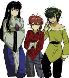  1girl 2boys black_hair black_pants blue_pants braid chinese_clothes clenched_hand collarbone commentary_request crossed_arms frown grey_pants headband hibiki_ryouga highres jay_03010 korean_commentary long_hair messy_hair mousse_(ranma_1/2) multiple_boys open_mouth pants ranma_1/2 red_hair red_shirt saotome_ranma saotome_ranma_(female) sash shirt short_hair simple_background white_background yellow_shirt 