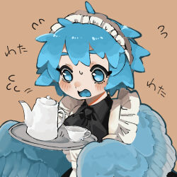  1girl apron blue_eyes blue_feathers blue_hair blue_maid_harpy_(i7go34) blue_tongue blue_wings blush brown_background colored_tongue commentary_request cup dress feathered_wings feathers flying_sweatdrops frills harpy holding holding_tray i7go34 maid maid_headdress monster_girl open_mouth original short_hair simple_background solo teacup teapot tray winged_arms wings 