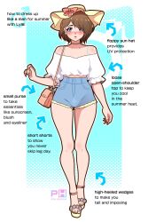  1boy absurdres arrow_(symbol) bag black_choker blue_eyes blue_shorts blush brown_hair bulge choker collarbone commentary crop_top crossdressing crossdressing_(mtf) denim denim_shorts earrings english_commentary english_text eyes_visible_through_hair handbag hat highres jewelry looking_at_viewer mars_symbol medium_hair midriff_peek original pink_horizons platform_sandals puffy_short_sleeves puffy_sleeves sandals shirt short_sleeves shorts white_shirt yellow_hat 