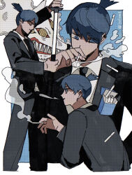  1boy black_necktie black_pants black_suit chainsaw_man cigarette closed_mouth commentary_request formal_clothes hayakawa_aki highres holding holding_cigarette jacket male_focus necktie pants ponytail profile short_ponytail smoking solo standing suit suit_jacket topknot zelzmd 