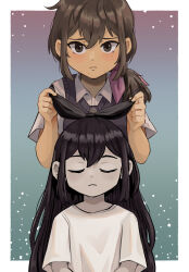  2girls alternate_universe aubrey_(faraway)_(omori) aubrey_(headspace)_(omori) aubrey_(omori) bare_arms black_bow black_sweater_vest blue_background blush border bow breasts brown_eyes brown_hair buttons child closed_eyes closed_mouth collared_shirt colored_skin commentary cowlick dendenmushi1064 dot_nose double-parted_bangs dual_persona english_commentary facing_viewer frown gradient_background green_background hair_between_eyes hair_bow hands_up highres lips long_hair looking_at_viewer low_ponytail mole mole_under_eye mole_under_mouth multiple_girls omariposa omori outside_border pink_bow ponytail pulling_another's_clothes raised_inner_eyebrows red_background sad shirt short_sleeves sidelocks simple_background small_breasts straight-on straight_hair sweater_vest u_u upper_body white_border white_shirt white_skin 