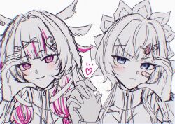  2girls blue_eyes blush columbina_(genshin_impact) genshin_impact hair_ornament hairclip heart heart_hands high_collar highres holding_hands jacket kamosikadesuyo lineart multicolored_hair multiple_girls portrait sandrone_(genshin_impact) simple_background sketch smile smug streaked_hair two-tone_hair unamused upper_body violet_eyes white_background zipper 
