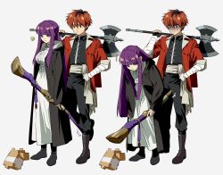  1boy 1girl axe bandaged_arm bandages black_boots black_coat black_pants black_shirt boots coat dress fern_(sousou_no_frieren) highres holding holding_axe holding_staff holding_weapon jacket leaning_forward long_dress long_hair long_sleeves mage_staff multicolored_hair pants purple_hair red_hair red_jacket roots_(hair) shirt short_hair simple_background sousou_no_frieren staff stark_(sousou_no_frieren) very_long_hair violet_eyes weapon white_background white_dress yang_gallae 
