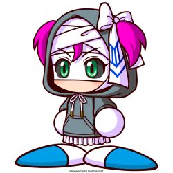  1girl artist_request bandaged_hand bandaged_head bandages black_sclera blue_bow blue_shoes bow colored_sclera commentary_request copyright_notice green_eyes grey_hoodie hair_bow hair_through_hood hood hood_up hoodie jikkyou_powerful_pro_yakyuu jikkyou_powerful_pro_yakyuu_(style) lamy_(pawapro) multicolored_bow multicolored_shoes mummy no_mouth official_art pink_hair power_pro_appli rayman_limbs shoes short_hair skirt solo twintails two-tone_shoes white_background white_bow white_shoes white_skirt 