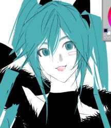  1girl :3 alternate_costume aqua_eyes aqua_hair art_program_in_frame black_bow black_jacket black_shirt blush_stickers bow collarbone double-parted_bangs fur-trimmed_jacket fur_trim hair_between_eyes hair_bow hand_up hatsune_miku head_tilt jacket limited_palette long_hair looking_at_viewer lowres off-shoulder_jacket off_shoulder open_mouth portrait screenshot shirt sidelocks simple_background single_blush_sticker sleeveless sleeveless_shirt smile solo twintails unfinished vocaloid white_background yelimi2026 