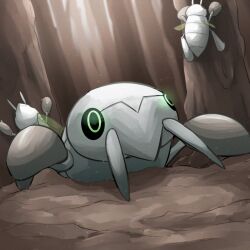  absurdres black_sclera bug colored_sclera glowing glowing_eyes green_eyes highres insect_wings nincada no_humans outdoors pincers pokemon pokemon_(creature) pokemon_focus spicyichizo wings 