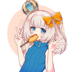  1girl blonde_hair blue_crown blue_dress blue_eyes blush bow breasts corn_dog crown dress fish food_in_mouth goldfish hair_bow highres koshmarrin looking_at_viewer marimari_(vtuber) mini_crown orange_bow phase_connect short_eyebrows side_ponytail sleeveless sleeveless_dress small_breasts v virtual_youtuber 