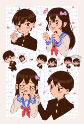  1boy 1girl ? aged_down alternate_costume antenna_hair aubrey_(faraway)_(omori) aubrey_(omori) black_hair blush bow brown_hair closed_mouth commentary_request crying dendenmushi1064 expressionless gakuran hair_bow hand_on_another's_shoulder highres long_hair long_sleeves neckerchief omori open_mouth pink_bow red_neckerchief school_uniform serafuku short_hair smile sparkling_eyes speech_bubble spoken_question_mark sunny_(omori) thought_bubble 
