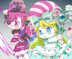  2girls :3 :o accurate_lolita_coord alice_(cat_busters) animal_ears apron black_bow blonde_hair blue_eyes body_fur bow cat_busters cat_ears cat_girl cat_tail cheshire_(cat_busters) chibikemo classic_lolita club_(shape) commentary_request dress eyepatch furry furry_female green_bow green_dress hair_bow hair_ornament hat holding holding_staff lace-trimmed_bow lace_trim lolita_fashion long_hair low_twintails mini_hat mini_top_hat multiple_girls pawpads purple_fur purple_hair spade_hair_ornament staff striped_tail tail top_hat twintails very_long_hair violet_eyes wataboshi whiskers white_apron white_fur 