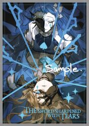  2girls armband armor bare_shoulders black_gloves black_horns black_shirt black_tears blue_coat blue_dress blue_eyes blue_hair blue_necktie blue_sword border breastplate brown_hair closed_eyes closed_mouth coat collared_shirt colored_skin commentary covering_one_eye dress e.g.o_(project_moon) english_text facial_mark gloves grey_border hand_on_own_face highres horns impaled knight_of_despair krab_(fumekrab) limbus_company lobotomy_corporation lobotomy_corporation_(identity)_(project_moon) long_hair long_sleeves looking_at_viewer lying lying_on_another multiple_girls necktie on_back pale_skin parted_lips pauldrons project_moon rapier rodion_(project_moon) sad sample_watermark shirt shoulder_armor spade_(shape) star_(symbol) sword tattoo teardrop teardrop_facial_mark teardrop_tattoo the_sword_sharpened_with_tears_(e.g.o) tiara untranslatable_commentary very_long_hair watermark weapon white_skin white_tiara 