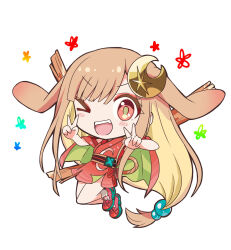  >_o 1girl animal_ears beads blonde_hair blush chibi cho_kaguya-hime! commentary_request crescent crescent_hair_ornament double_v hair_beads hair_ornament highres japanese_clothes kaguya_(cho_kaguya-hime!) kimono long_hair lop_rabbit_ears massala one_eye_closed rabbit_ears red_eyes red_kimono star_(symbol) v very_long_hair white_background 