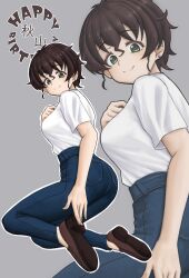 1girl absurdres akiyama_yoshiko amanone_yun ass blue_pants blush breasts brown_hair commentary_request denim earrings full_body girls_und_panzer green_eyes grey_background highres jeans jewelry large_breasts looking_at_viewer multiple_views pants shirt short_hair simple_background smile white_shirt white_t-shirt