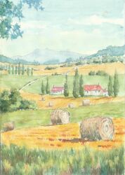  commentary_request day field hay_bale highres italy landscape mountainous_horizon no_humans original outdoors painting_(medium) paruperu real_world_location road rural scenery sky traditional_media tree watercolor_(medium) 