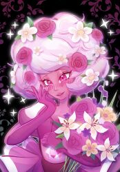  1girl aiyudol blush bouquet colored_skin commentary diamond-shaped_pupils diamond_(shape) flower gem gem_(steven_universe) gloves hair_flower hair_ornament hand_on_own_face highres holding holding_bouquet lily_(flower) looking_at_viewer pink_diamond_(steven_universe) pink_eyes pink_gloves pink_hair pink_skin puffy_sleeves rose short_hair smile solo steven_universe stomach_jewel symbol-shaped_pupils upper_body 