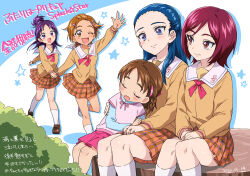  5girls :d blue_eyes blue_hair blush braid brown_hair brown_shirt brown_shoes bush closed_eyes closed_mouth copyright_name dated futari_wa_precure_splash_star hair_ornament hair_slicked_back hairclip half_updo hands_on_lap highres holding_hands hyuuga_minori hyuuga_saki interlocked_fingers kiryuu_kaoru kiryuu_michiru kneehighs layered_sleeves long_hair long_sleeves looking_to_the_side miniskirt mishou_mai mucha_(muchakai) multiple_girls neck_ribbon one_eye_closed open_mouth orange_eyes orange_hair pink_ribbon pink_shirt pink_skirt plaid_clothes plaid_skirt pleated_skirt precure purple_hair red_eyes red_hair ribbon sailor_collar school_uniform shirt shoes short_hair short_over_long_sleeves short_sleeves sideways_glance single_braid sitting skirt sleeping sleeping_on_person smile socks star_(symbol) translation_request violet_eyes white_sailor_collar white_socks yuunagi_middle_school_uniform 