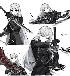  1girl angelica_(project_moon) black_gloves black_suit blue_eyes closed_mouth commentary_request gloves greatsword hand_up highres holding holding_sword holding_weapon library_of_ruina long_hair multiple_views open_mouth organic_weapon portal_(object) project_moon rai_(r2718281) sheath smoke sparkle suit sword unsheathing v-shaped_eyebrows very_long_hair weapon white_hair 