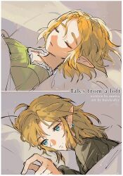  1boy 1girl artist_name bed blonde_hair blue_eyes breasts earrings english_commentary hazeleafyy jewelry link medium_breasts on_bed pointy_ears princess_zelda sidelocks sleeping the_legend_of_zelda the_legend_of_zelda:_breath_of_the_wild the_legend_of_zelda:_tears_of_the_kingdom 
