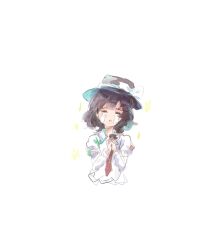  1girl black_hat bow brown_hair closed_eyes collared_shirt commentary_request crying hair_between_eyes hair_bow hat hat_bow highres juliet_sleeves long_sleeves necktie open_mouth puffy_sleeves red_necktie shirt short_hair simple_background sleeve_garter solo star_(symbol) streaming_tears tears touhou usami_renko uwazumi white_background white_bow white_shirt 
