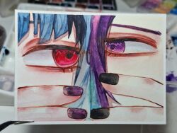  2girls aegyo_sal alternate_skin_color aqua_streaks aria_blaze aria_blaze_(human) art_tools_in_frame black_nails black_streaks blue_hair blurry blurry_background cheek-to-cheek close-up commentary commission english_commentary equestria_girls:_rainbow_rocks eye_contact eye_focus eyes_visible_through_hair facing_viewer hands_up heads_together highres inverted_eyelashes kaen4715 long_hair looking_at_another lower_eyelashes_only multicolored_hair multiple_girls my_little_pony my_little_pony:_equestria_girls my_little_pony:_friendship_is_magic nail_polish painting_(medium) photo_(medium) purple_hair purple_nails red_eyes second-party_source sidelocks sideways_glance sonata_dusk sonata_dusk_(human) straight-on streaked_hair traditional_media tsurime two-tone_hair v-shaped_eyebrows violet_eyes watercolor_(medium) 