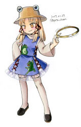  1girl animal_print artist_name black_shoes blonde_hair blush brown_hat chakram closed_mouth commentary_request dated frilled_skirt frills frog frog_print full_body hair_ribbon hand_on_own_hip hand_up hat legs_apart long_sleeves medium_hair moriya's_iron_rings moriya_suwako motion_lines no_nose one-hour_drawing_challenge parted_bangs print_skirt print_vest proton purple_skirt purple_vest red_ribbon ribbon shirt shoes simple_background skirt skirt_set smirk solo spinning_weapon standing thigh-highs touhou tress_ribbon twitter_username vest weapon white_background white_shirt white_thighhighs wide_sleeves yellow_eyes 