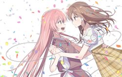  2girls bang_dream! bang_dream!_it's_mygo!!!!! blue_eyes blush brown_hair brown_skirt brown_sweater_vest cable chihaya_anon closed_mouth commentary confetti earphones eye_contact fang grey_eyes holding_hands interlocked_fingers long_hair looking_at_another multiple_girls nagasaki_soyo open_mouth pink_hair plaid_clothes plaid_skirt puffy_short_sleeves puffy_sleeves shared_earphones shirt short_sleeves simple_background skirt sweater_vest untranslatable_commentary white_background white_shirt yojeong_dimseom yuri 