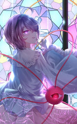  1girl absurdres ahoge arm_up black_hairband blouse blue_shirt blush commentary_request disembodied_linked_eye eyeball eyelashes feet_out_of_frame finger_to_mouth floral_print frilled_shirt_collar frilled_sleeves frills glowing glowing_eye glowing_eyes hairband highres indoors komeiji_satori long_sleeves looking_at_viewer mizore_arius nail_polish open_mouth parted_lips pink_eyes pink_hair pink_nails pink_skirt profile red_eyes rose_print shirt short_hair sideways_glance sideways_mouth skirt smile solo stained_glass standing touhou wide_sleeves window 
