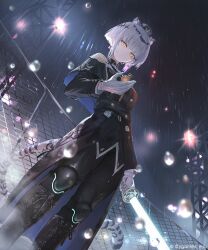  1girl animal_ear_fluff animal_ears ascot belt belt_buckle belt_pouch black_jacket breasts buckle commentary_request earrings epaulettes from_above from_below gildaria_(shadowverse) gloves glowing glowing_sword glowing_weapon hat holding holding_sword holding_weapon jacket jewelry katana lapels looking_at_viewer medium_breasts military_jacket pavement pillbox_hat ponzu_(catponz) pouch rain shadowverse shadowverse:_worlds_beyond short_hair solo standing striped_tail sword tail tiger_ears tiger_girl tiger_tail tsuba_(guard) weapon white_ascot white_gloves white_hair yellow_eyes 
