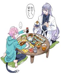  2boys :d ahoge amemura_ramuda aqua_jacket asymmetrical_bangs barefoot beer_can black_pants black_shirt black_socks blue_eyes blush_stickers bowl buckle can chabudai chopsticks coat colored_inner_hair commentary cowlick cup cushion drink_can fingernails fish_(food) food food_request fork frown fruit full_body giving gradient_hair grilled_fish hair_between_eyes hardboiled_egg heart heart-shaped_buckle highres holding holding_bowl holding_chopsticks holding_spoon hood hooded_jacket huge_ahoge hypnosis_mic jacket jinguji_jakurai jitome kate_jgk lemon lemon_slice long_hair long_sleeves looking_ahead looking_at_another male_focus mature_eyes miso_soup multicolored_hair multiple_boys nattou open_clothes open_coat open_mouth pants pink_hair placemat plate purple_hair raised_inner_eyebrows rice seiza shirt short_hair sidelocks simple_background sitting smile socks soy_sauce soy_sauce_bottle speech_bubble spoon table translated untranslatable_commentary very_long_hair wariza white_background white_coat zabuton 