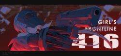  1girl bare_shoulders baseball_cap character_name closed_mouth copyright_name girls'_frontline_2:_exilium girls_frontline green_eyes grey_hair gun h&amp;k_usp handgun hat highres hk416_(girls'_frontline) holding holding_gun holding_weapon klukai_(girls'_frontline_2) long_hair lsv0920 solo weapon 