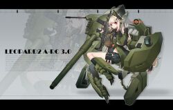  1girl armor assault_rifle autocannon bare_legs blonde_hair cannon chest_rig coat frider grin gun handgun headgear highres holding holding_weapon holster horns humanization leopard_2 looking_at_viewer magazine_(weapon) mecha mecha_musume mechanical_horns military military_vehicle motor_vehicle original overcoat personification red_eyes rifle robot shorts smile smoke_grenade solo tank tank_gun thigh_holster war_thunder weapon weapon_request 