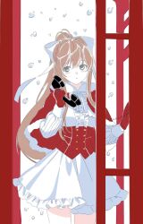  1girl alternate_costume blush bow breasts brown_hair buttons capelet center_frills commentary corset cowboy_shot doki_doki_literature_club dress english_commentary frills fur-trimmed_capelet fur_trim gloves green_eyes hair_between_eyes hair_bow high_ponytail highres holding holding_phone long_hair long_sidelocks long_sleeves looking_at_viewer medium_breasts monika_(doki_doki_literature_club) neck_ribbon parted_lips payphone phone phone_booth ponytail rachel_campbell red_capelet red_corset red_gloves ribbon sidelocks simple_background snowing solo standing very_long_hair white_background white_bow white_dress white_ribbon winter_clothes 
