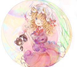 2girls :d animal_ears bell black_hat black_skirt blonde_hair blue_eyes blush bow bowtie brown_eyes brown_hair capelet cat_ears cat_girl cat_tail collared_dress commentary contrast_collar cosplay dress frilled_dress frills grey_capelet hair_bow hat hat_bow heart highres holding holding_by_the_tail holding_mini_person holding_unworn_clothes holding_unworn_hat jingle_bell kemonomimi_mode long_hair maribel_hearn mini_person mob_cap mouse_ears mouse_girl multiple_girls nazrin nazrin_(cosplay) neck_bell one_eye_closed open_mouth puffy_sleeves purple_dress red_bow red_bowtie red_ribbon ribbon shirt skirt smile sweatdrop tail tail_ornament tail_ribbon touhou unworn_hat unworn_headwear usami_renko uwazumi white_bow white_hat white_shirt 