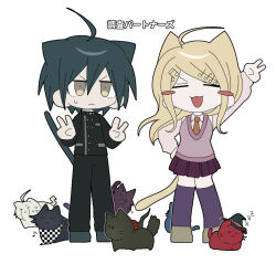  1boy 1girl :< :3 ahoge akamatsu_kaede animal_ears animalization black_hair black_jacket blush brown_eyes buttons cat cat_boy cat_ears cat_girl cat_tail checkered_clothes checkered_scarf chibi chibi_only closed_eyes collared_jacket commentary_request danganronpa_(series) danganronpa_v3:_killing_harmony deformed double_v hair_between_eyes hair_ornament hand_on_own_hip harukawa_maki jacket k1-b0 kneehighs long_hair long_sleeves looking_at_viewer momota_kaito musical_note musical_note_hair_ornament oma_kokichi open_mouth pants partial_commentary pink_sweater_vest pink_vest pleated_skirt saihara_shuichi scarf school_uniform shirogane_tsumugi short_hair simple_background skirt smile socks standing sweatdrop sweater_vest tail two-tone_scarf v v_over_head vest wahaha_0714 white_background yumeno_himiko zzz 