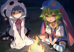  2girls absurdres animal_ears asymmetrical_legwear bandaid bandaid_on_cheek bandaid_on_face black_choker blonde_hair blue_hair blue_hat campfire choker chromashift crossed_legs dark-skinned_female dark_skin ghost_costume green_hair hat highres indie_virtual_youtuber kuchisode leaf leaf_on_head long_hair looking_at_viewer mismatched_legwear multicolored_hair multiple_girls open_mouth rabbit_ears rabbit_girl red_eyes ryeisbread sailor_collar short_hair_with_long_locks short_sleeves sitting sleeves_past_fingers sleeves_past_wrists streaked_hair striped_clothes striped_thighhighs thigh-highs virtual_youtuber voice_actor_connection wariza white_hood yellow_eyes yellow_sailor_collar yuko_yurei 