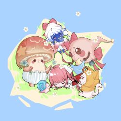  2girls ahoge black_bow black_ribbon blanket blue_background blue_flower blue_skin bow cape chibi cloak closed_eyes colored_skin covering_with_blanket drop_shadow ear_covers eyelashes faewish_sprite fins flower flute hair_bow hair_ribbon hair_spread_out head_fins highres holding holding_blanket holding_flower hood hood_up hooded_cloak infinity_nikki instrument long_hair long_sidelocks low_twintails lying momo_(nikki) moyu-w multiple_girls nikki_(nikki) nikki_(series) on_stomach open_mouth parted_lips perfect_start_(infinity_nikki) piecey pink_bow pink_hair playing_flute playing_instrument red_cape ribbon short_hair shroomling_(infinity_nikki) sidelocks sleeping smile snail snail_(infinity_nikki) tress_ribbon twintails very_long_hair whiskers white_flower white_hair yellow_cloak 