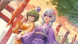  2girls :d ahoge assault_lily banner blush braid breasts closed_mouth clouds commentary_request copyright_notice dutch_angle evening fang fingernails floral_print flower frilled_kimono frills green_hair grey_hair hair_between_eyes hair_flower hair_ornament hand_in_own_hair hand_up holding_hands japanese_clothes jewelry kimono light_particles long_hair long_sleeves looking_ahead looking_at_viewer looking_to_the_side low_twintails medium_breasts mori_tatsuki multiple_girls obi obijime official_alternate_costume official_alternate_hairstyle official_art open_mouth orange_kimono pink_flower print_kimono purple_kimono ring sash short_hair side-by-side smile standing tanaka_ichi taranboman torii tree twintails upper_body violet_eyes wide_sleeves yellow_flower 