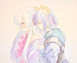  2girls absurdres animal_ear_fluff animal_ears blue_hoodie blue_kimono blush cho_kaguya-hime! choker closed_eyes closed_mouth commentary_request covering_own_mouth extra_ears hariyaa highres hood hood_down hoodie japanese_clothes kimono long_hair long_sleeves multiple_girls off_shoulder painting_(medium) purple_hair purple_kimono runami_yachiyo sakayori_iroha sash short_hair smile traditional_media upper_body watercolor_(medium) white_hair wide_sleeves yuri 
