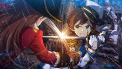  4girls brown_hair card_commentary clash clenched_teeth commentary_request epaulettes game_asset gloves green_eyes hat holding holding_sword holding_weapon idolmaster idolmaster_million_live! idolmaster_million_live!_theater_days kinoshita_hinata long_sleeves looking_at_another makabe_mizuki minase_iori multiple_girls official_alternate_costume official_art peaked_cap pirate_hat pirate_ship rain short_hair sword sword_clash sword_fight takayama_sayoko teeth third-party_source v-shaped_eyebrows weapon white_gloves 