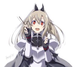  1girl :d armor artist_name asagi501 black_armor black_gloves black_jacket black_ribbon breastplate brown_hair collared_jacket commentary_request double-parted_bangs eydis_(sao) fingerless_gloves food gloves grey_cloak grey_trim hair_between_eyes hair_ribbon hands_up high_collar highres holding holding_food holding_pocky jacket long_hair looking_at_viewer messy_hair open_mouth pauldrons pocky pocky_day ponytail red_eyes ribbon shoulder_armor simple_background smile solo straight-on sword_art_online sword_art_online:_alicization sword_art_online:_unleashed_blading twitter_username two-tone_armor upper_body vambraces watermark white_armor white_background white_trim 