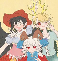  3girls :d ;d ^_^ antlers arm_up bandana bandana_around_neck black_hair black_wings blonde_hair blue_dress blue_shirt blush brown_hat closed_eyes closed_mouth cowboy_hat detached_sleeves dragon_girl dragon_horns dress earrings grey_hair hat hoop_earrings horn_ornament horn_ribbon horns itomugi-kun jewelry kicchou_yachie kurokoma_saki long_hair looking_at_viewer multiple_girls one_eye_closed open_mouth pointy_ears red_eyes red_sleeves ribbon sheep_horns shirt short_hair simple_background smile spiked_shell sweatdrop touhou toutetsu_yuuma turtle_shell w white_bandana wings yellow_background yellow_horns 