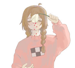  1girl braid brown_hair closed_eyes denkai_461 facing_viewer flower hand_up holding holding_flower long_hair long_sleeves low_twin_braids madotsuki pink_sweater simple_background solo sweater twin_braids upper_body white_background white_flower yume_nikki 