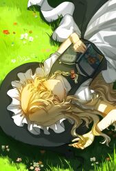  1girl apron black_hat black_skirt black_vest blonde_hair book bow braid chinese_commentary closed_eyes commentary_request facing_viewer flower grass hair_bow hat highres kirisame_marisa long_hair lying nagi_(pixiv_108409221) on_back on_ground open_book outdoors pink_flower puffy_short_sleeves puffy_sleeves red_bow red_flower short_sleeves side_braid signature single_braid skirt sleeping solo touhou vest waist_apron white_apron white_flower witch_hat 