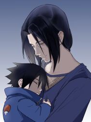  2boys aged_down black_hair blue_shirt brothers child closed_eyes collared_shirt commentary fishnet_top fishnets highres holding iiiijyyyy long_hair long_sleeves looking_at_another looking_down male_focus multiple_boys naruto_(series) shirt siblings sleeping uchiha_itachi uchiha_sasuke uchiha_symbol upper_body 